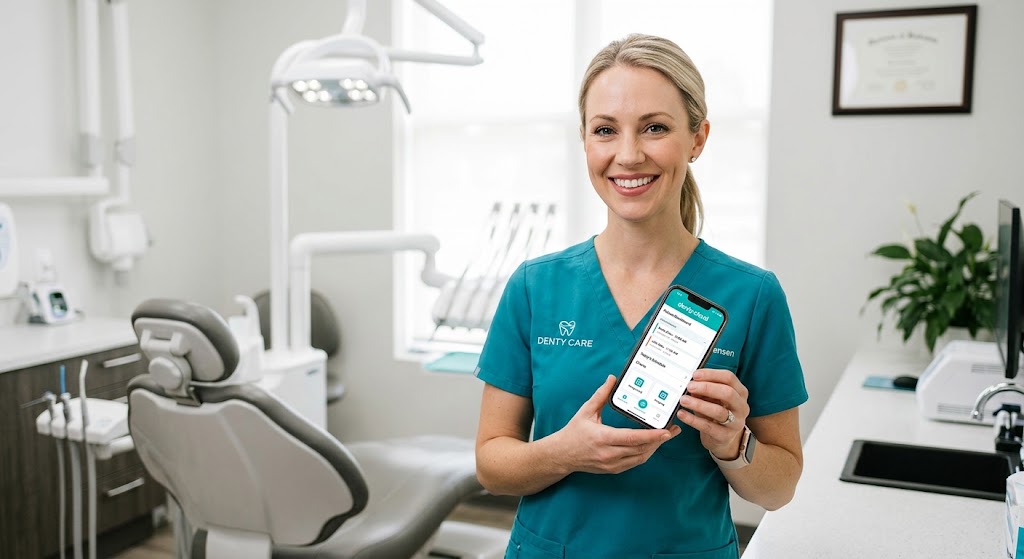 Dentista feliz utilizando la app móvil de denty.cloud